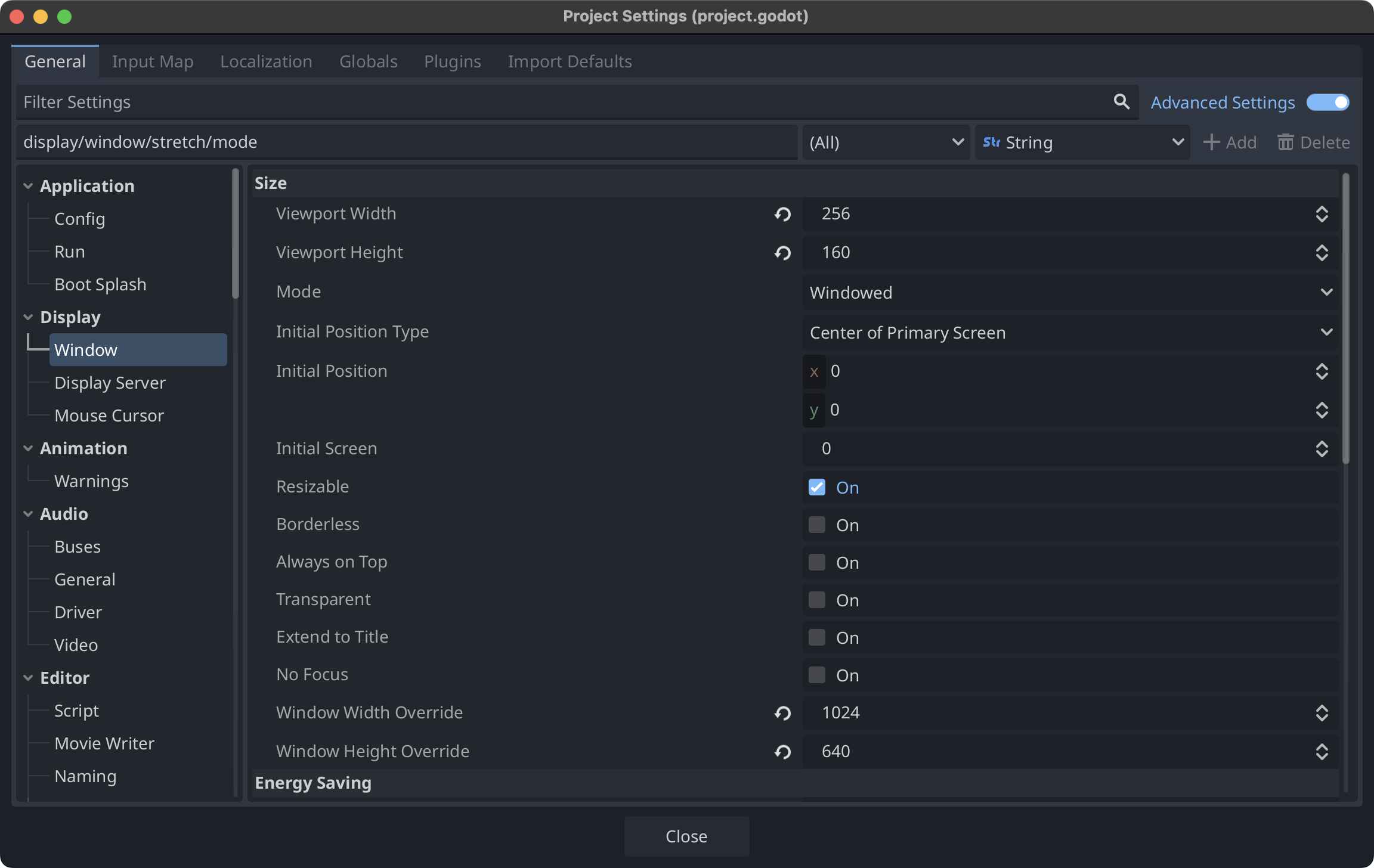 Screen size settings